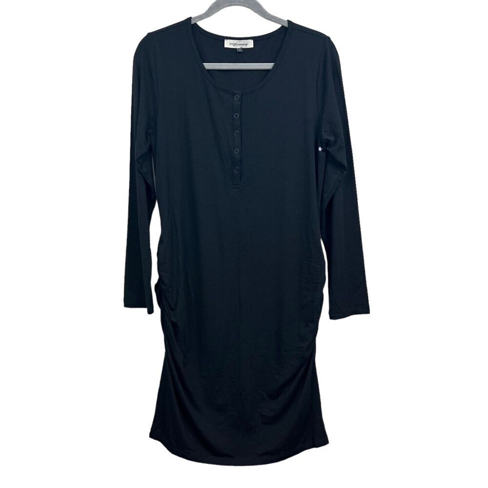 Angel Maternity Shift Dress Button Long Sleeves Ruched Sides Lined Black WomenL*